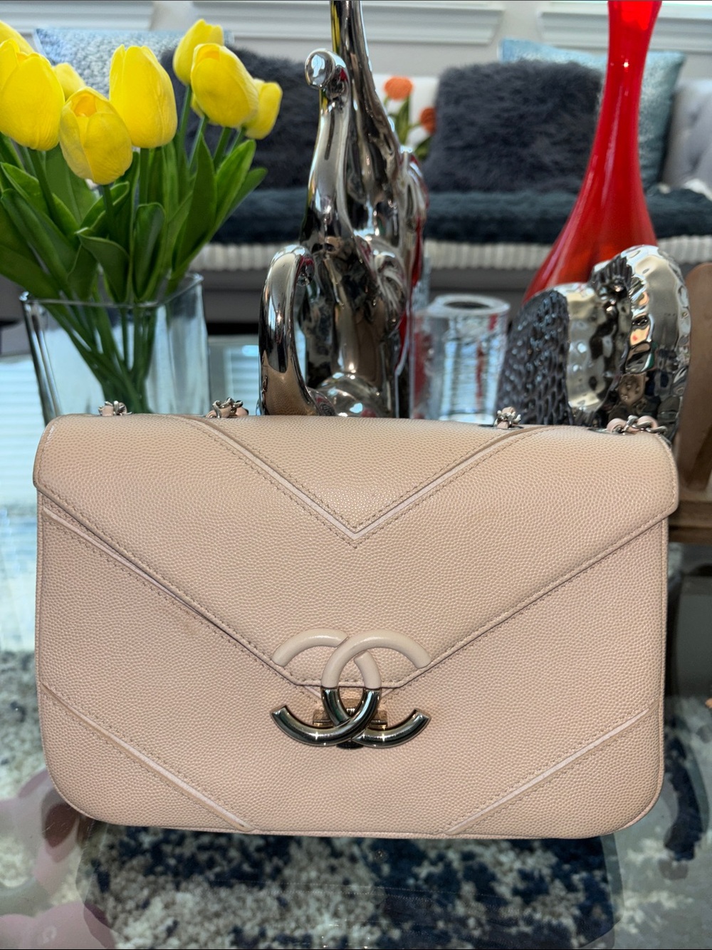 Chanel Macro Chevron Flap Bag in Soft Blush color and  Leather Chain